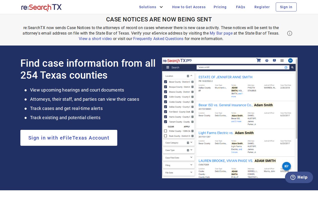 Swisher County criminal court case notice on the re:SearchTX portal