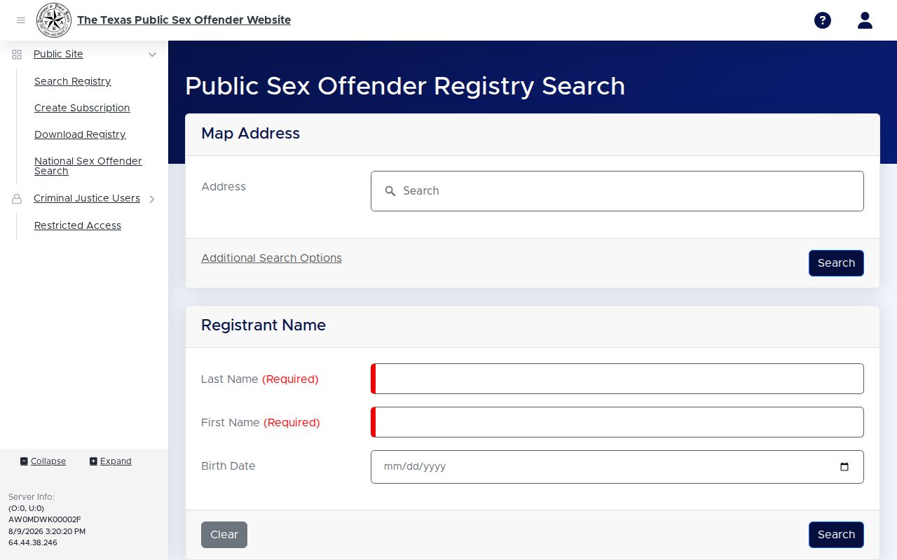Texas DPS Public Sex Offender Registry search controls