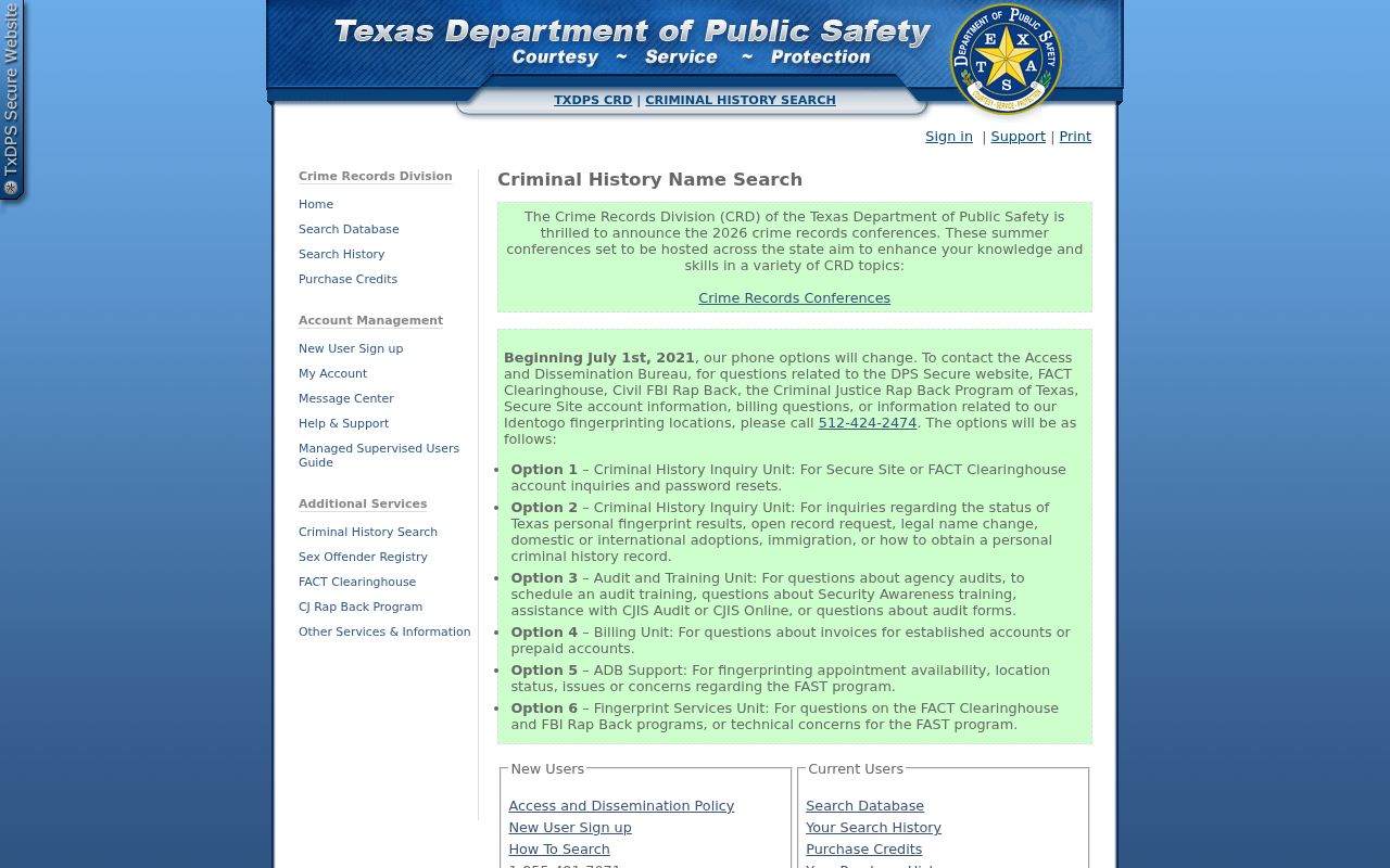 Texas DPS Criminal History Search account interface