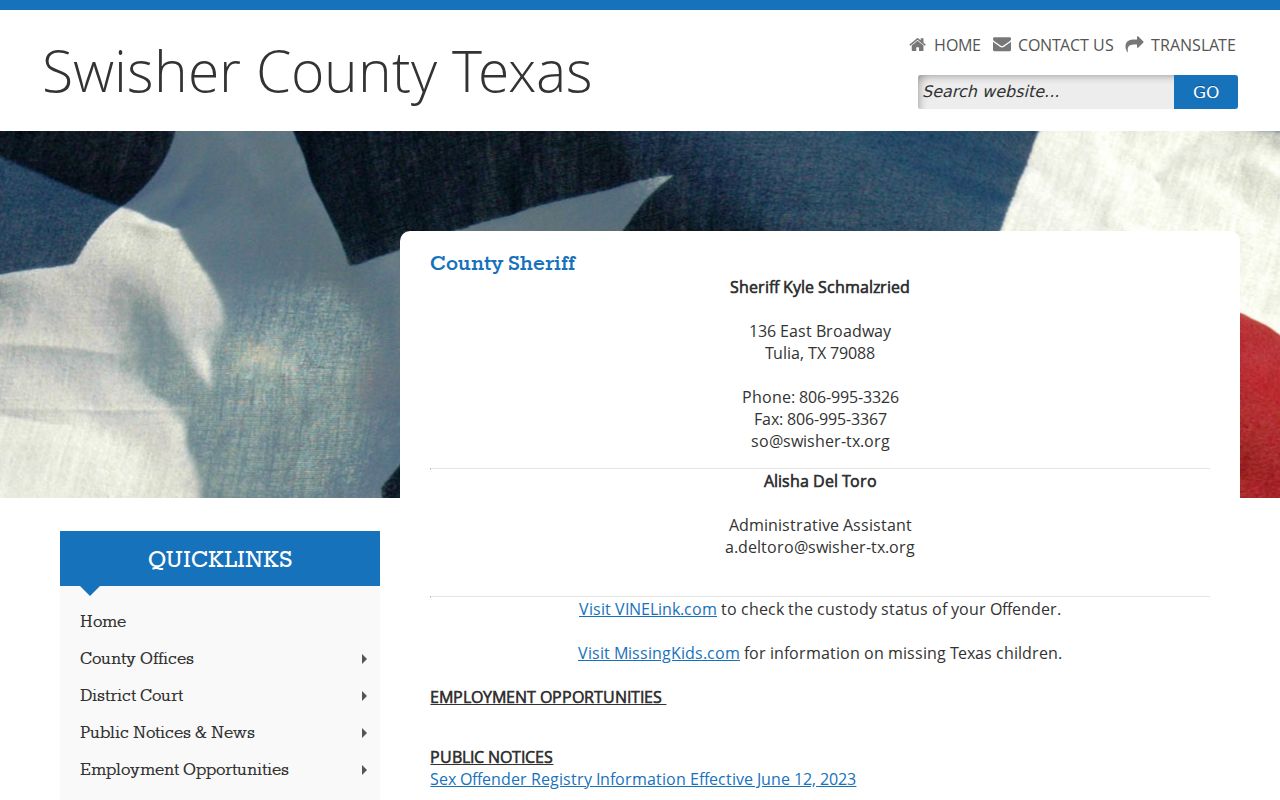 Swisher County Sheriff contact and custody links